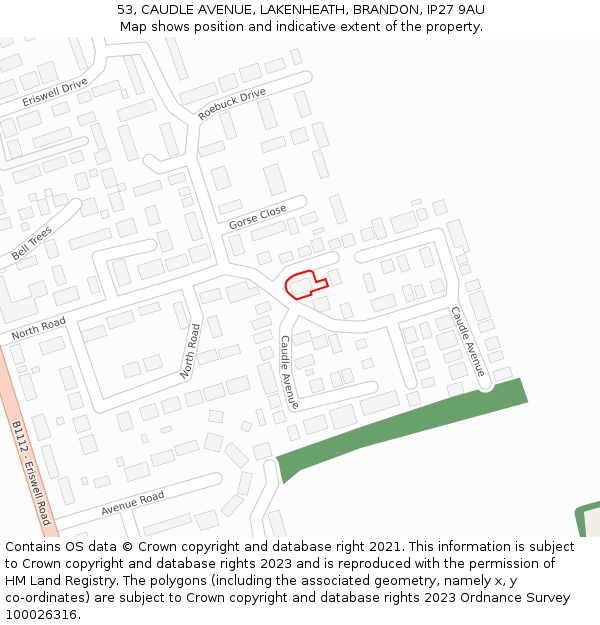 53, CAUDLE AVENUE, LAKENHEATH, BRANDON, IP27 9AU: Location map and indicative extent of plot