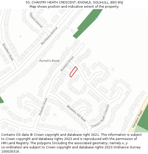 53, CHANTRY HEATH CRESCENT, KNOWLE, SOLIHULL, B93 9NJ: Location map and indicative extent of plot