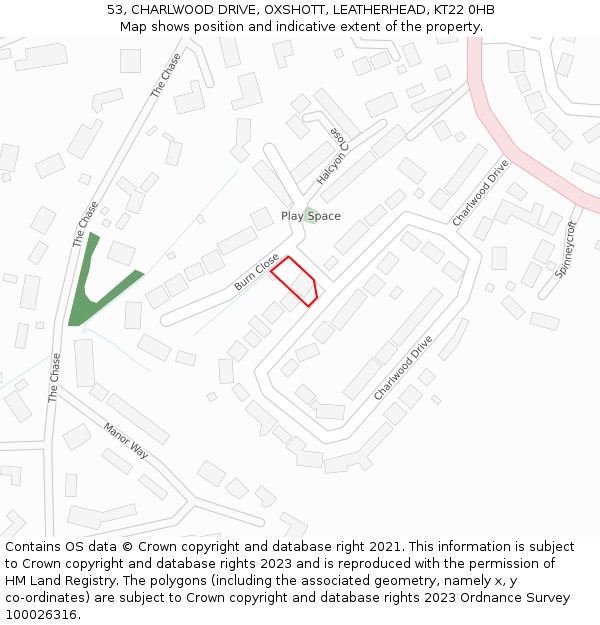 53, CHARLWOOD DRIVE, OXSHOTT, LEATHERHEAD, KT22 0HB: Location map and indicative extent of plot