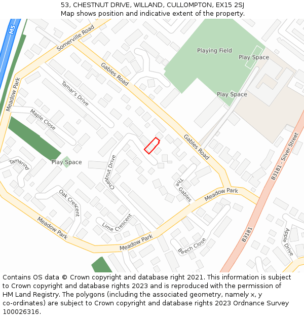 53, CHESTNUT DRIVE, WILLAND, CULLOMPTON, EX15 2SJ: Location map and indicative extent of plot