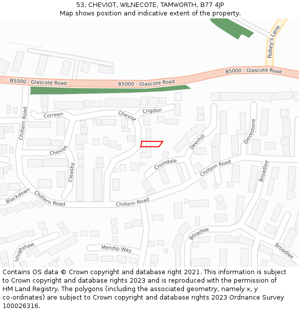 53, CHEVIOT, WILNECOTE, TAMWORTH, B77 4JP: Location map and indicative extent of plot