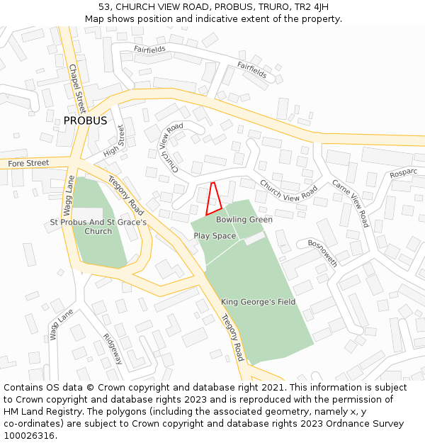 53, CHURCH VIEW ROAD, PROBUS, TRURO, TR2 4JH: Location map and indicative extent of plot