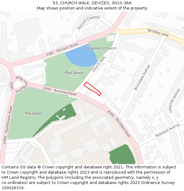 53, CHURCH WALK, DEVIZES, SN10 3AA: Location map and indicative extent of plot
