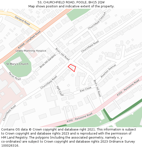 53, CHURCHFIELD ROAD, POOLE, BH15 2QW: Location map and indicative extent of plot