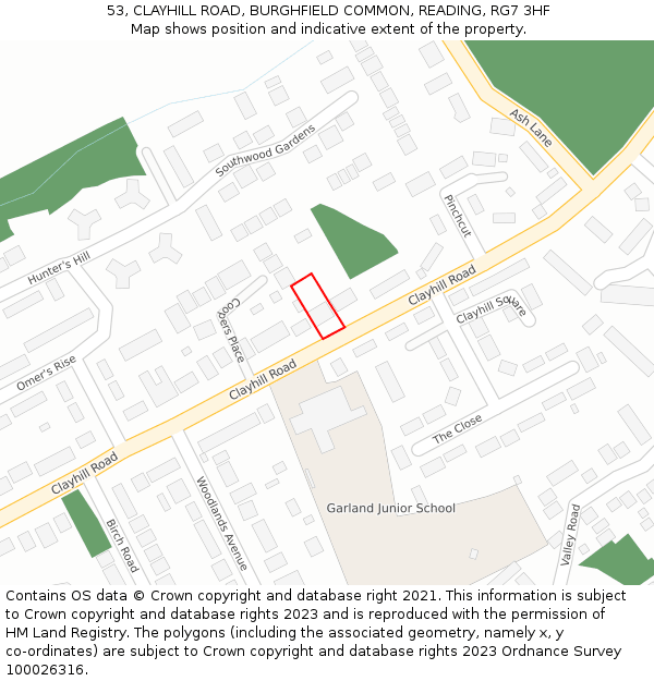 53, CLAYHILL ROAD, BURGHFIELD COMMON, READING, RG7 3HF: Location map and indicative extent of plot