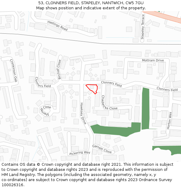 53, CLONNERS FIELD, STAPELEY, NANTWICH, CW5 7GU: Location map and indicative extent of plot