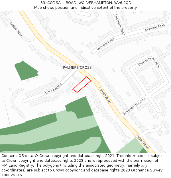 53, CODSALL ROAD, WOLVERHAMPTON, WV6 9QD: Location map and indicative extent of plot