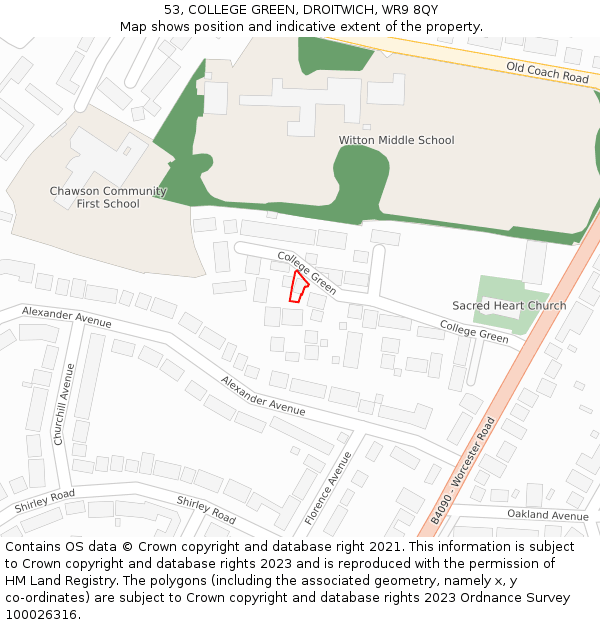53, COLLEGE GREEN, DROITWICH, WR9 8QY: Location map and indicative extent of plot