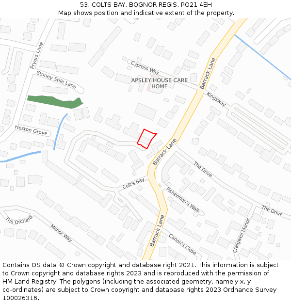 53, COLTS BAY, BOGNOR REGIS, PO21 4EH: Location map and indicative extent of plot