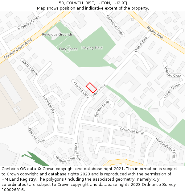 53, COLWELL RISE, LUTON, LU2 9TJ: Location map and indicative extent of plot