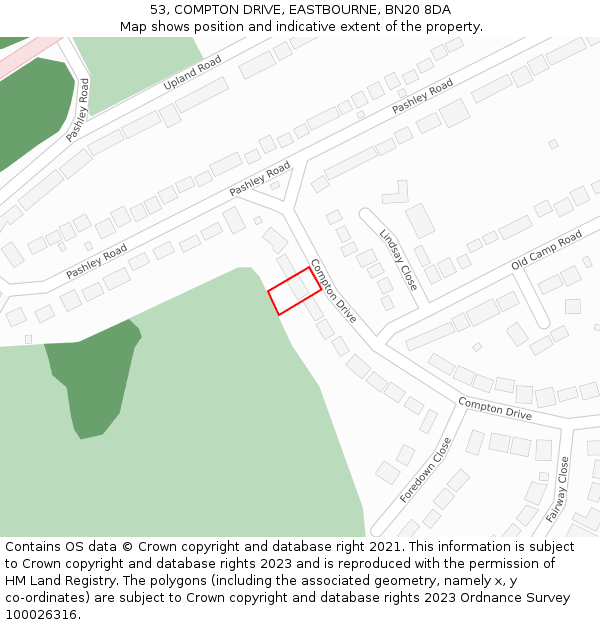 53, COMPTON DRIVE, EASTBOURNE, BN20 8DA: Location map and indicative extent of plot