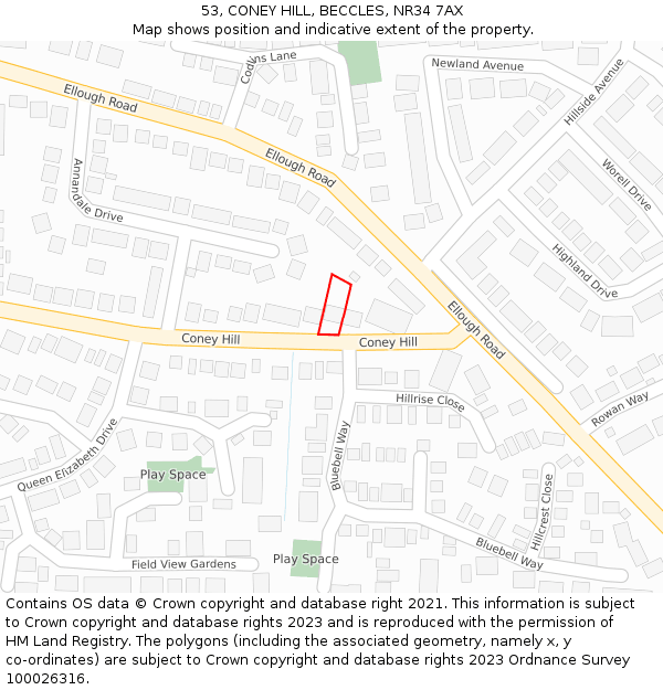 53, CONEY HILL, BECCLES, NR34 7AX: Location map and indicative extent of plot