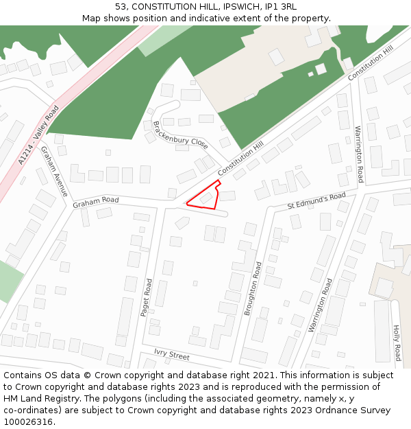 53, CONSTITUTION HILL, IPSWICH, IP1 3RL: Location map and indicative extent of plot