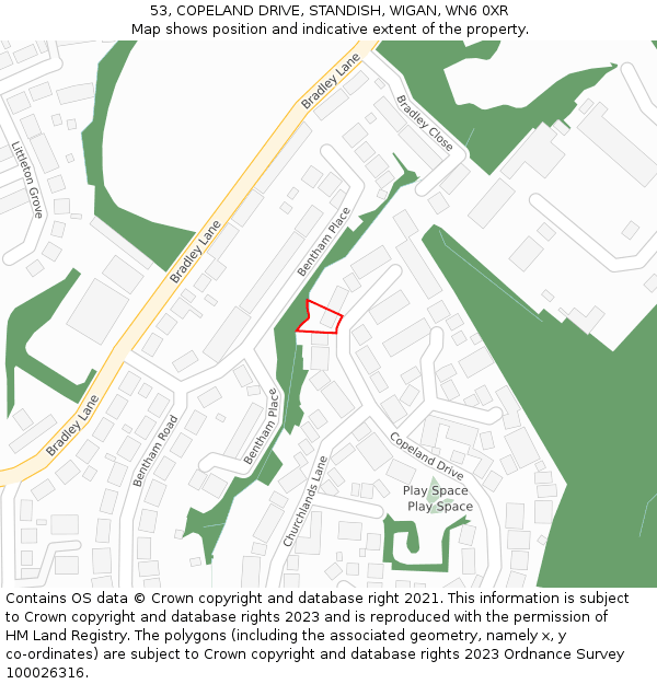 53, COPELAND DRIVE, STANDISH, WIGAN, WN6 0XR: Location map and indicative extent of plot