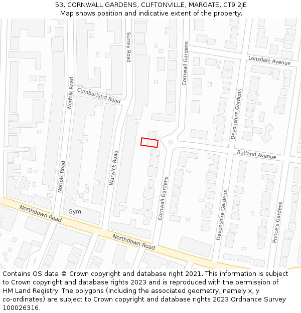 53, CORNWALL GARDENS, CLIFTONVILLE, MARGATE, CT9 2JE: Location map and indicative extent of plot