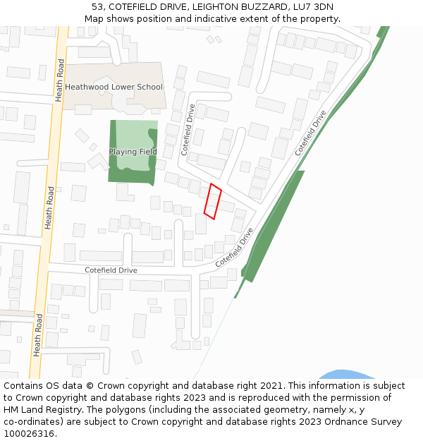 53, COTEFIELD DRIVE, LEIGHTON BUZZARD, LU7 3DN: Location map and indicative extent of plot