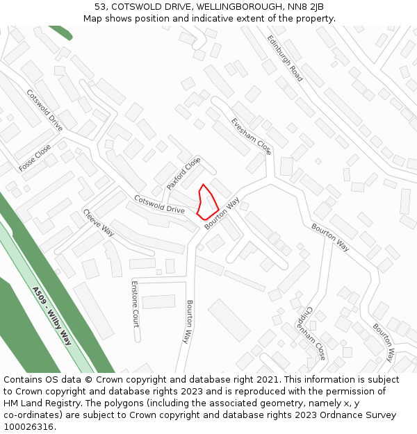 53, COTSWOLD DRIVE, WELLINGBOROUGH, NN8 2JB: Location map and indicative extent of plot
