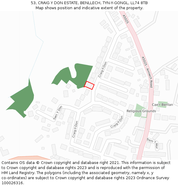 53, CRAIG Y DON ESTATE, BENLLECH, TYN-Y-GONGL, LL74 8TB: Location map and indicative extent of plot