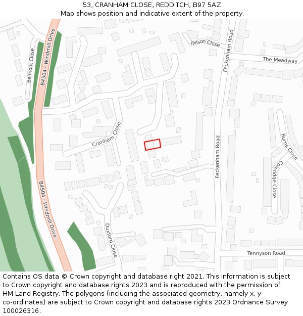 53, CRANHAM CLOSE, REDDITCH, B97 5AZ: Location map and indicative extent of plot