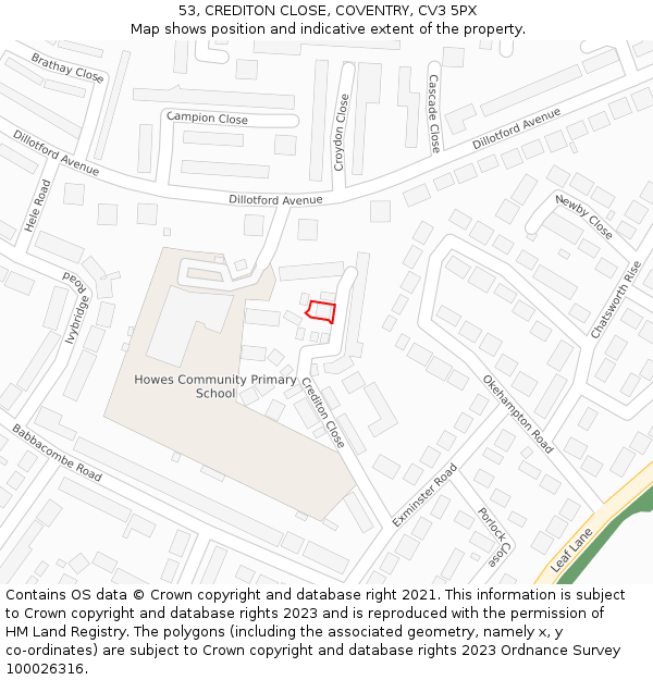 53, CREDITON CLOSE, COVENTRY, CV3 5PX: Location map and indicative extent of plot