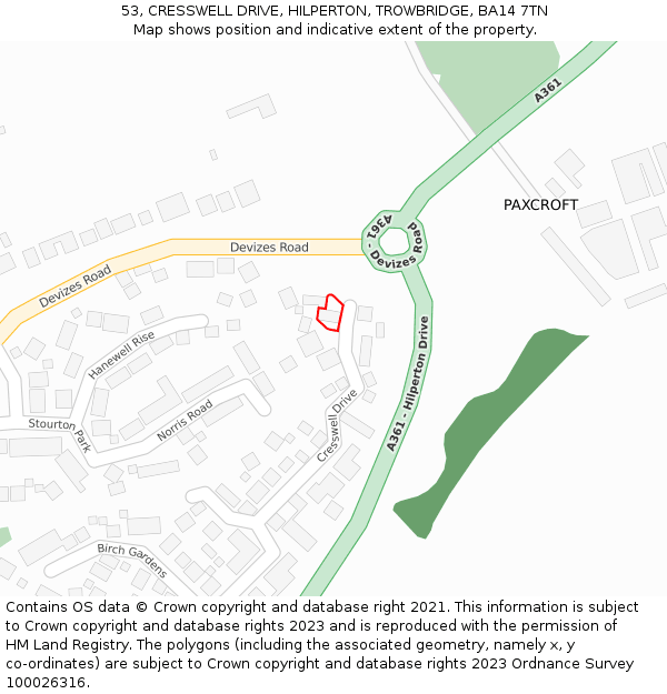 53, CRESSWELL DRIVE, HILPERTON, TROWBRIDGE, BA14 7TN: Location map and indicative extent of plot
