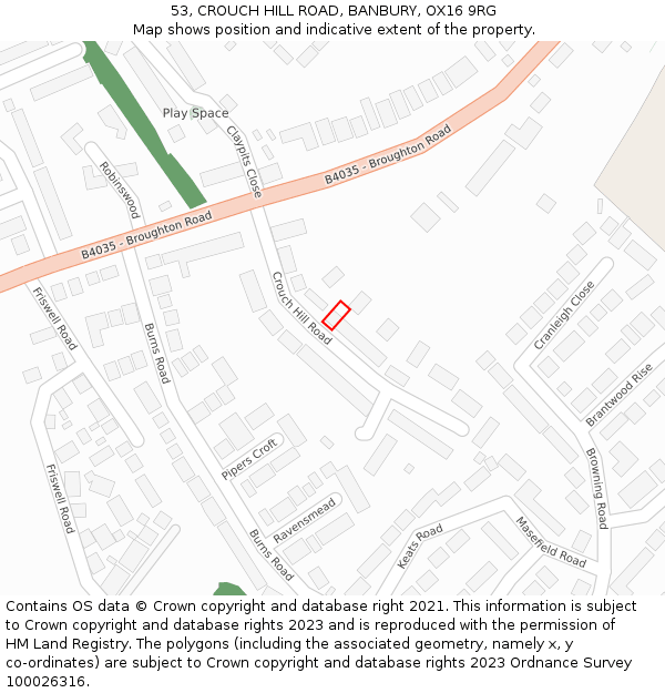 53, CROUCH HILL ROAD, BANBURY, OX16 9RG: Location map and indicative extent of plot