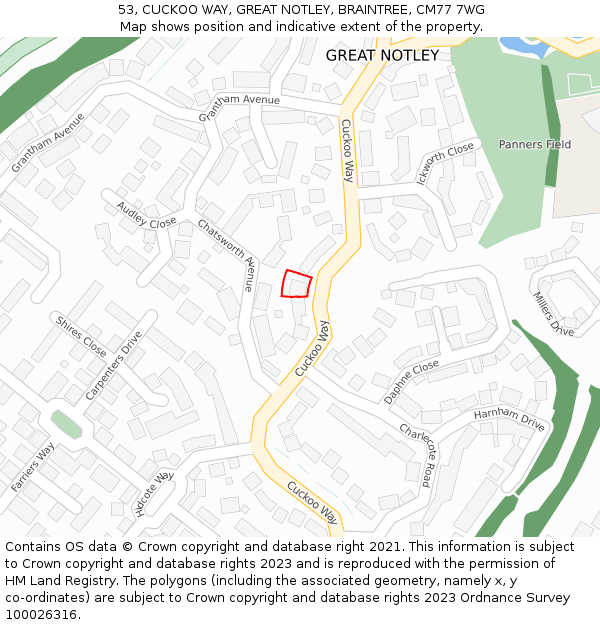 53, CUCKOO WAY, GREAT NOTLEY, BRAINTREE, CM77 7WG: Location map and indicative extent of plot