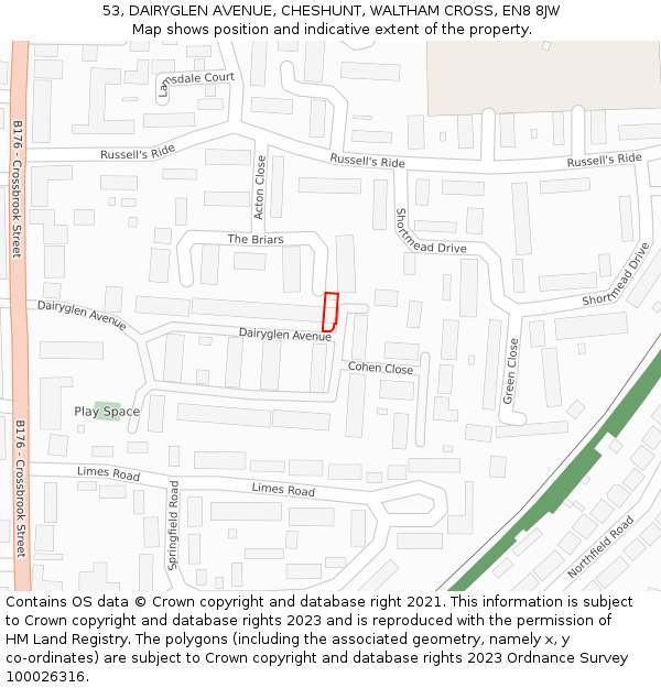 53, DAIRYGLEN AVENUE, CHESHUNT, WALTHAM CROSS, EN8 8JW: Location map and indicative extent of plot