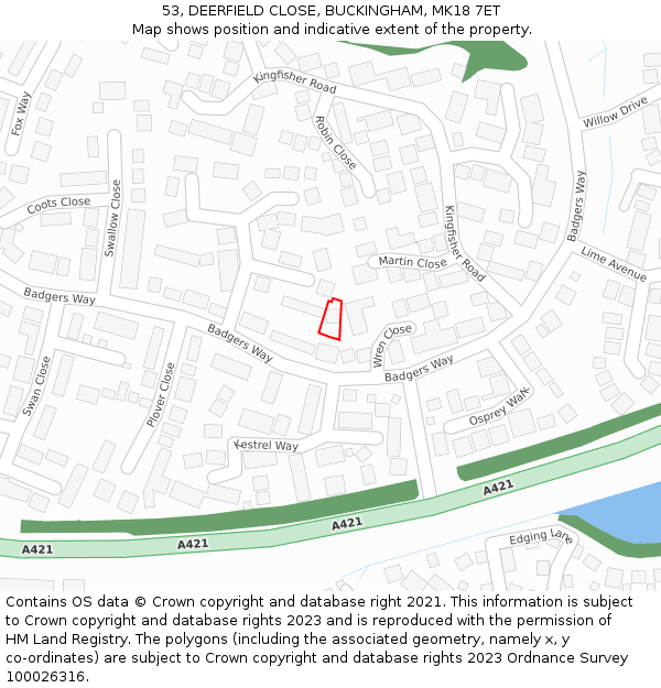 53, DEERFIELD CLOSE, BUCKINGHAM, MK18 7ET: Location map and indicative extent of plot