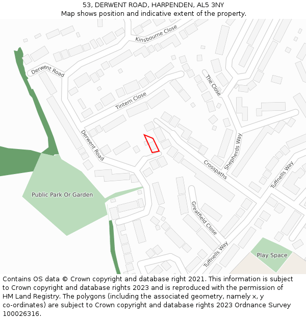 53, DERWENT ROAD, HARPENDEN, AL5 3NY: Location map and indicative extent of plot