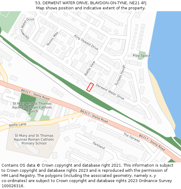 53, DERWENT WATER DRIVE, BLAYDON-ON-TYNE, NE21 4FJ: Location map and indicative extent of plot