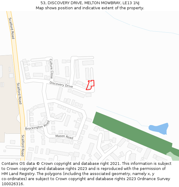 53, DISCOVERY DRIVE, MELTON MOWBRAY, LE13 1NJ: Location map and indicative extent of plot