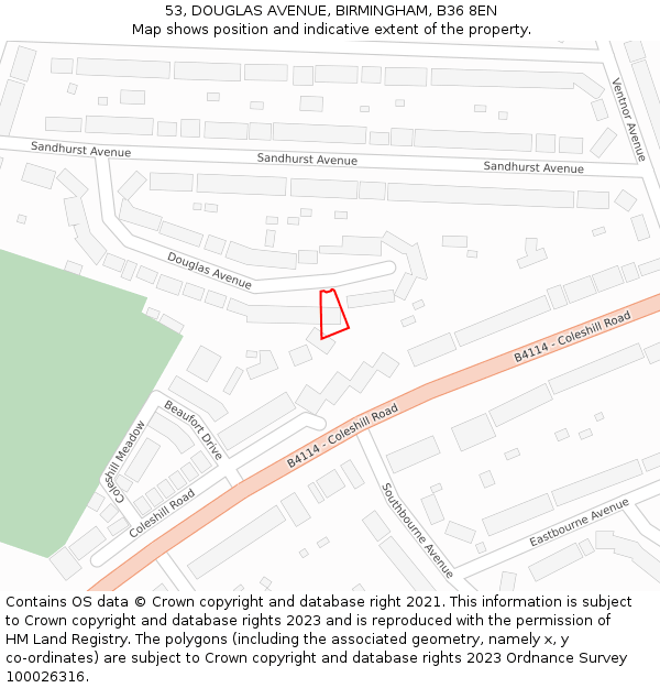 53, DOUGLAS AVENUE, BIRMINGHAM, B36 8EN: Location map and indicative extent of plot