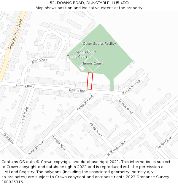 53, DOWNS ROAD, DUNSTABLE, LU5 4DD: Location map and indicative extent of plot