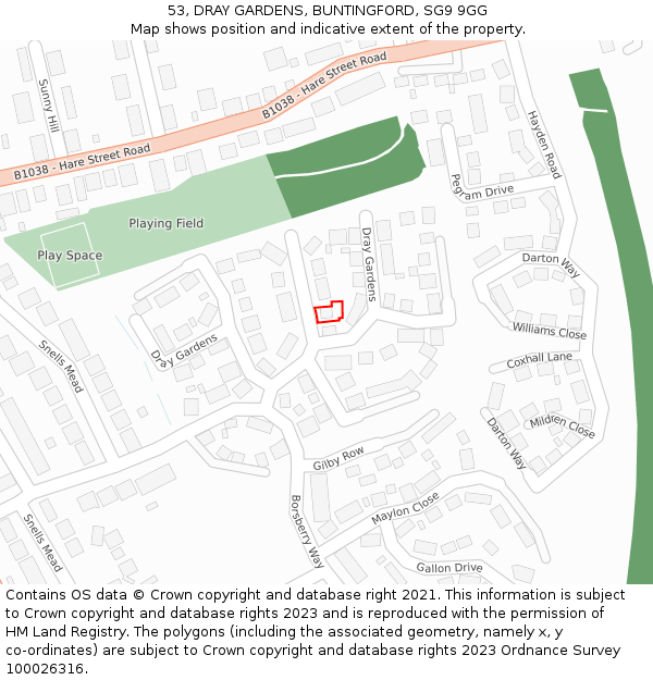 53, DRAY GARDENS, BUNTINGFORD, SG9 9GG: Location map and indicative extent of plot