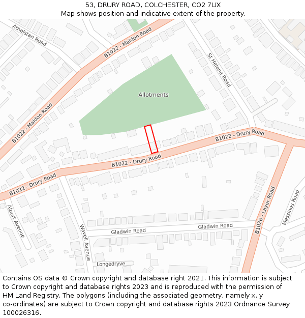 53, DRURY ROAD, COLCHESTER, CO2 7UX: Location map and indicative extent of plot