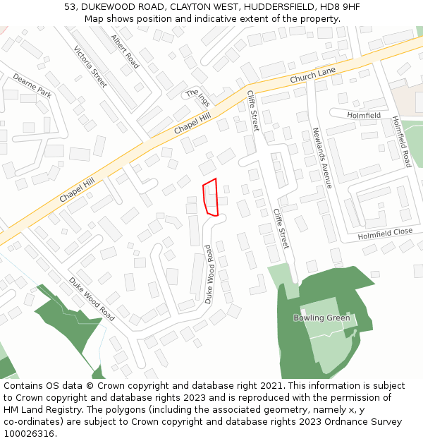 53, DUKEWOOD ROAD, CLAYTON WEST, HUDDERSFIELD, HD8 9HF: Location map and indicative extent of plot