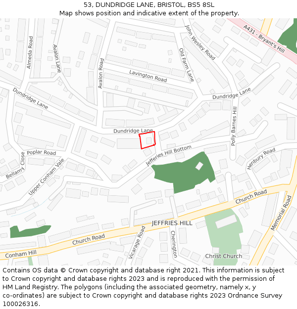 53, DUNDRIDGE LANE, BRISTOL, BS5 8SL: Location map and indicative extent of plot