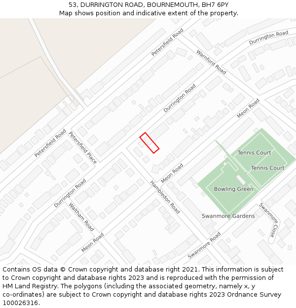 53, DURRINGTON ROAD, BOURNEMOUTH, BH7 6PY: Location map and indicative extent of plot