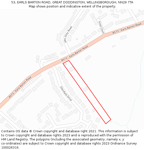 53, EARLS BARTON ROAD, GREAT DODDINGTON, WELLINGBOROUGH, NN29 7TA: Location map and indicative extent of plot