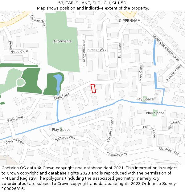 53, EARLS LANE, SLOUGH, SL1 5DJ: Location map and indicative extent of plot