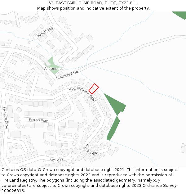 53, EAST FAIRHOLME ROAD, BUDE, EX23 8HU: Location map and indicative extent of plot