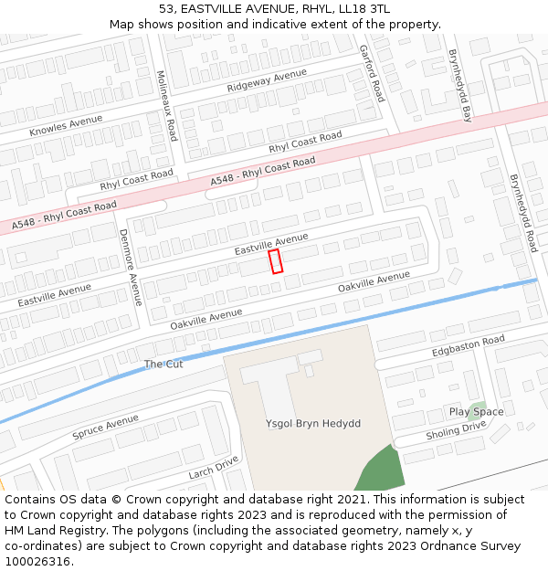 53, EASTVILLE AVENUE, RHYL, LL18 3TL: Location map and indicative extent of plot