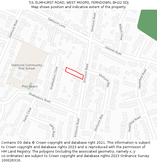 53, ELMHURST ROAD, WEST MOORS, FERNDOWN, BH22 0DJ: Location map and indicative extent of plot