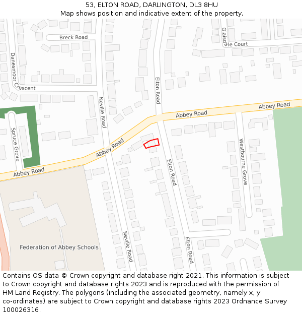 53, ELTON ROAD, DARLINGTON, DL3 8HU: Location map and indicative extent of plot