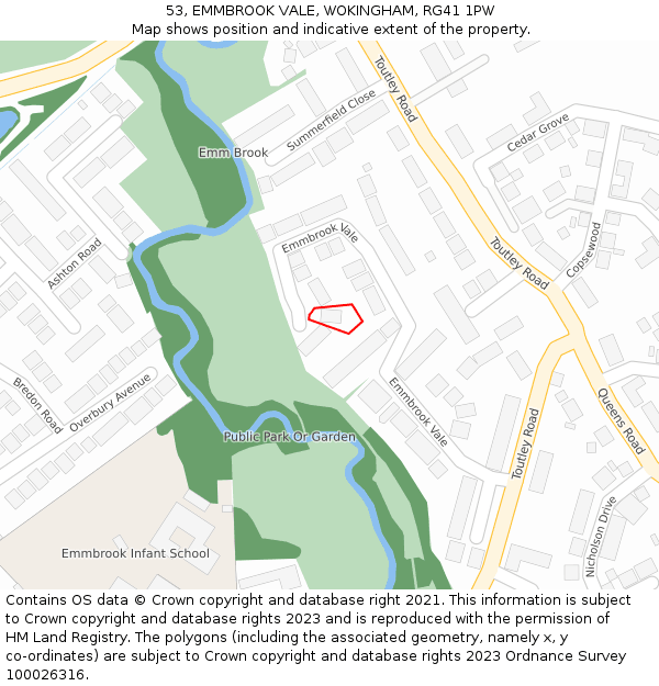 53, EMMBROOK VALE, WOKINGHAM, RG41 1PW: Location map and indicative extent of plot