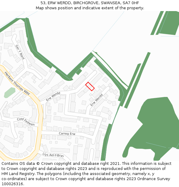 53, ERW WERDD, BIRCHGROVE, SWANSEA, SA7 0HF: Location map and indicative extent of plot
