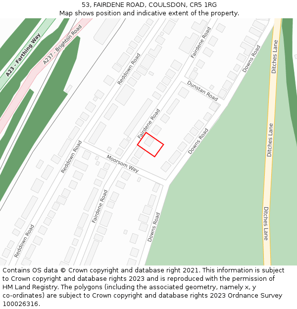 53, FAIRDENE ROAD, COULSDON, CR5 1RG: Location map and indicative extent of plot