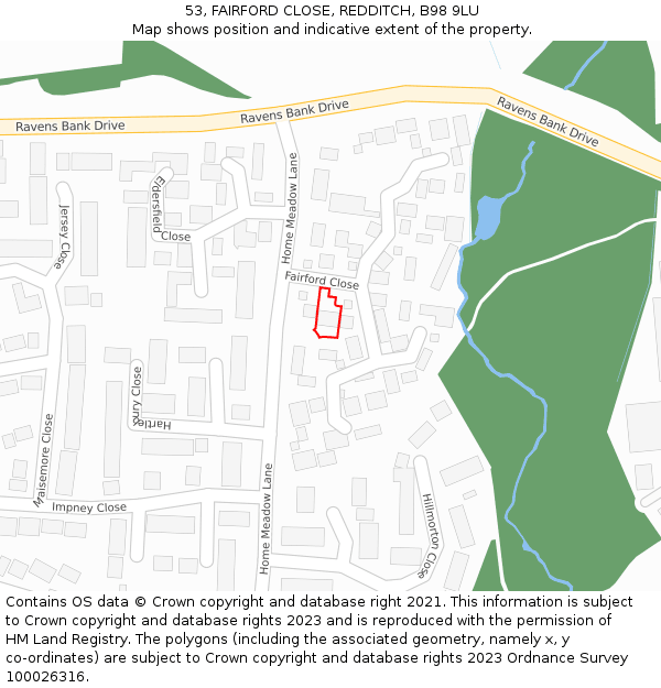 53, FAIRFORD CLOSE, REDDITCH, B98 9LU: Location map and indicative extent of plot