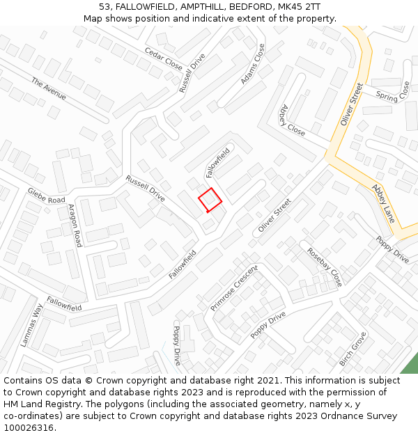53, FALLOWFIELD, AMPTHILL, BEDFORD, MK45 2TT: Location map and indicative extent of plot